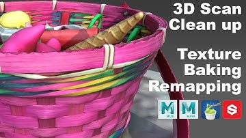 3D Scanned Basket of Toys Retopology and Texture Remapping. Optimize 3D Scan Model for Video Game.