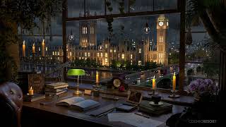 Victorian Study Room overlooking London Big Ben Westminster  Rain and Distant Thunder Sounds