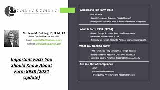 Form 8938, Specified Foreign Financial Assets (5 Facts to Know) - Golding & Golding, Board-Certified by Golding & Golding International Tax Lawyers 163 views 1 month ago 6 minutes, 29 seconds