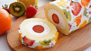 Fruit Soufflé Roll Cake 🍓🍋🥭🍊🥝 / Fruit Fresh cream roll cake  / Dojima Roll screenshot 1