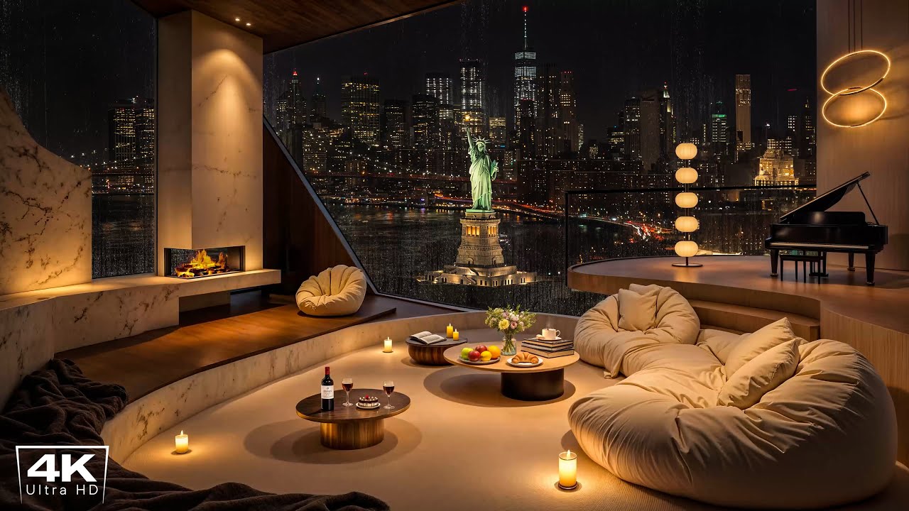 Statue of Liberty Night View 🗽 Relaxing Jazz Music & Rain Sounds in Cozy NYC Apartment for Sleep