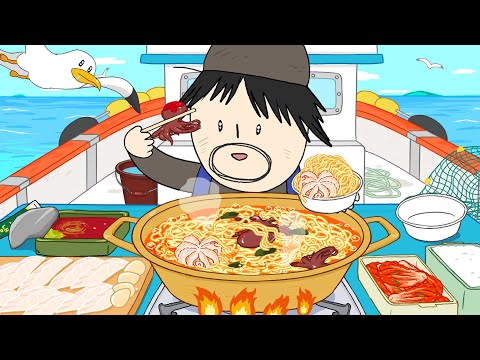 배 위에서 먹는 쭈꾸미라면 & 회 먹방- 애니먹방 / Seafood Ramen & Sliced raw fish Mukbang Animation ASMR