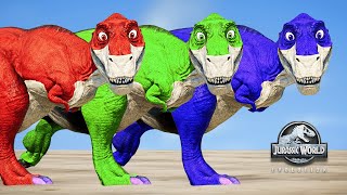 Colorful Rexy Dinosaur vs Super Hero Dinosaurs, Spiderman Dinosaurs Fight Jurassic World Evolution