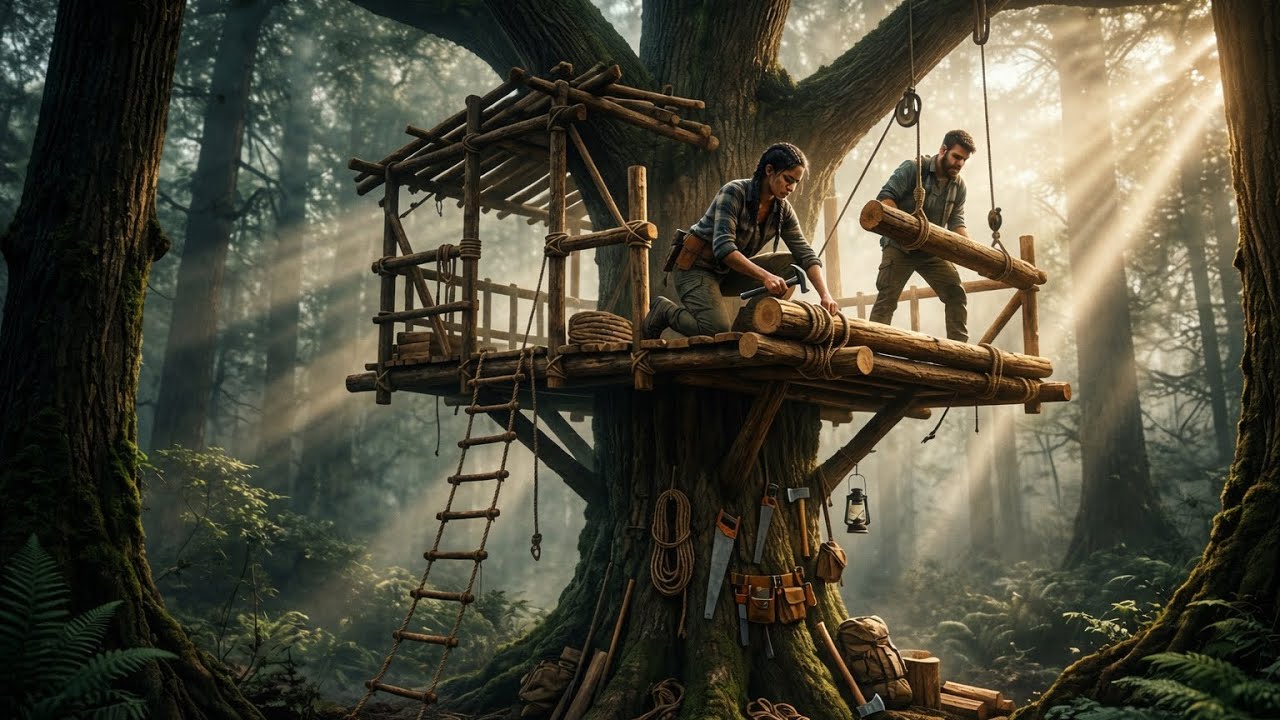 Alone in Wild Forest | Couple Builds a Wooden Tree House - YouTube