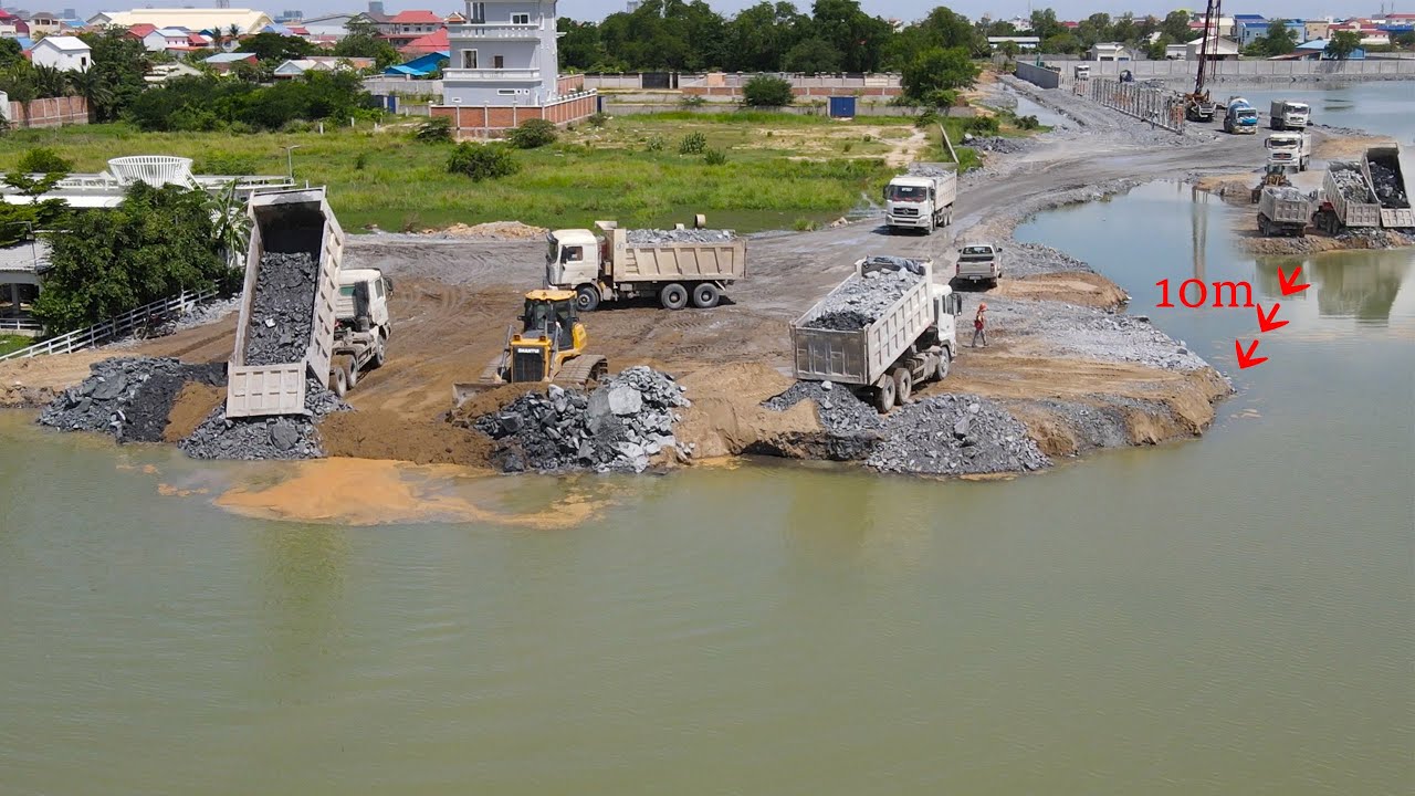 Water Transporting Rocks Big Project Nice Operator Bulldozer Push Rock into Water with Dump ...