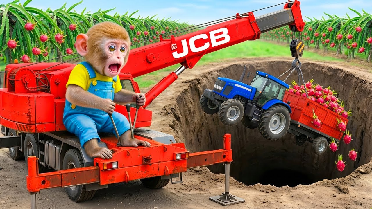 Monkey Sisi the JCB Tractor Excavator to Rescue His Tractor After His Fell Into a Big Hole!