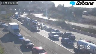 Overturned semi truck causes lane closure in Carpinteria