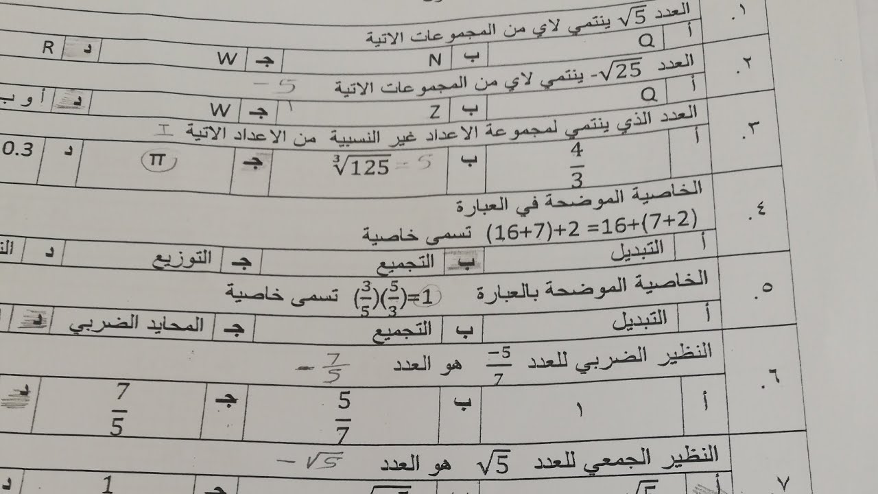 ورق عمل ونموذج اختبار رياضيات ٢-١ خصائص الأعداد الحقيقية والعلاقات والدوال #رياضيات
