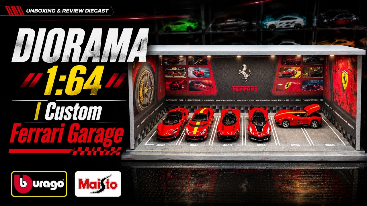 Diorama 1:64 Ferrari Garage - SF90, Monza SP1, Daytona SP3, 812