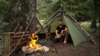 Bushcraft Camping in the Wild with My Dog - Campfire Cooking - Building Survival Shelter