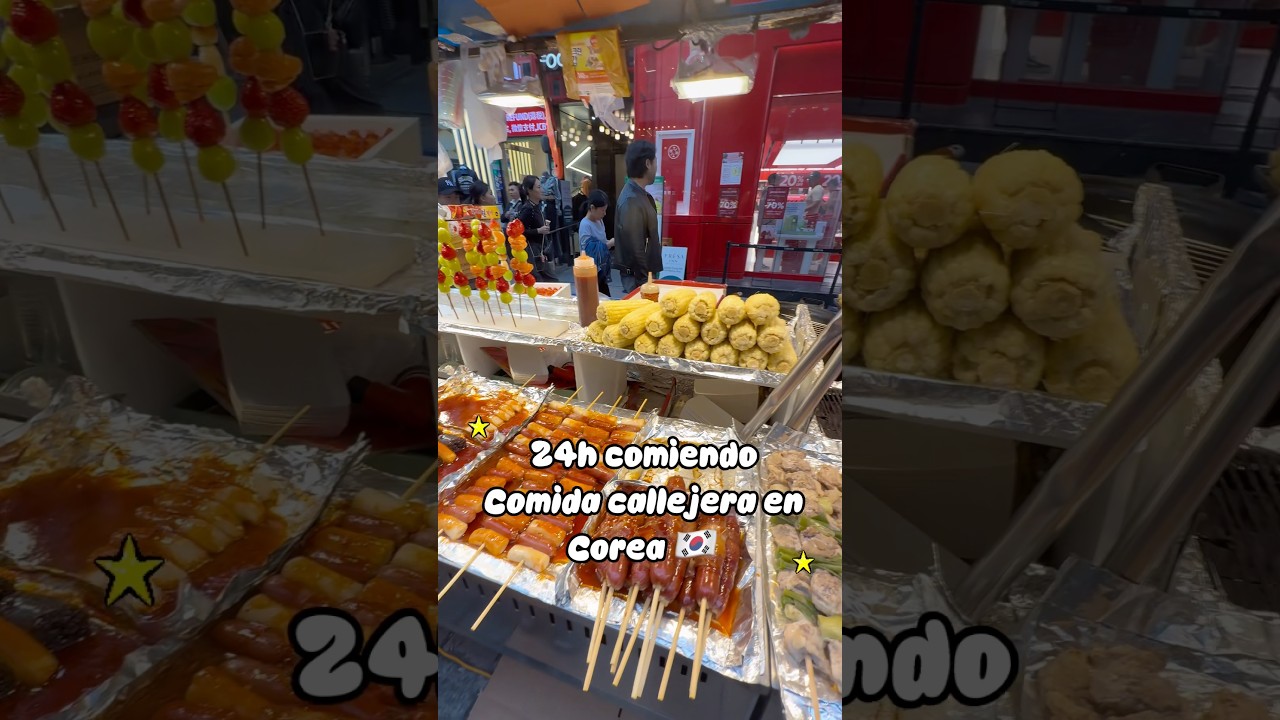 24 horas comiendo comida callejera en Seúl Corea#streetfood #tteokbokki #24h #korea #comidacoreana