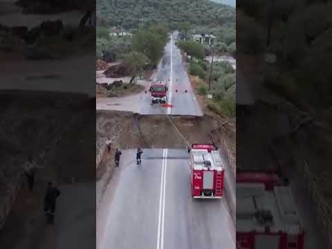 Drone footage of the aftermath of storm Daniel in the Pelion region of Greece on September 7 shows