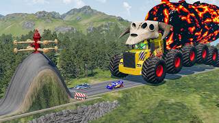 Giant LAVA TANKER MACK TRUCK Mack Truck VS Cars McQueen Police Car Downhill Race - Beamng Drive