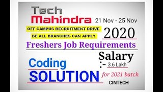 🟤 Tech Mahindra coding solution | Asked on 22nd November 2020 🟤Tech Mahindra off campus drive (2021)
