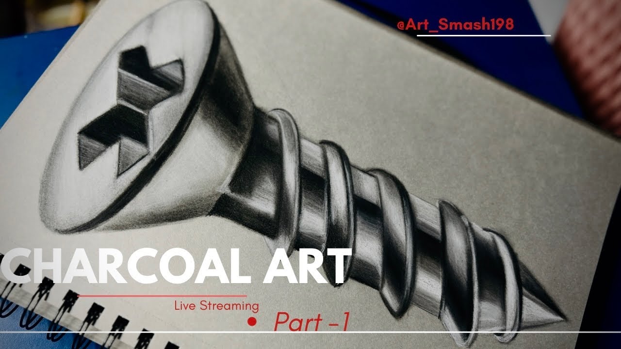 From A Blank Grey Sheet To Realistic Screw 😍|#charcoaldrawing #livestream Day -3