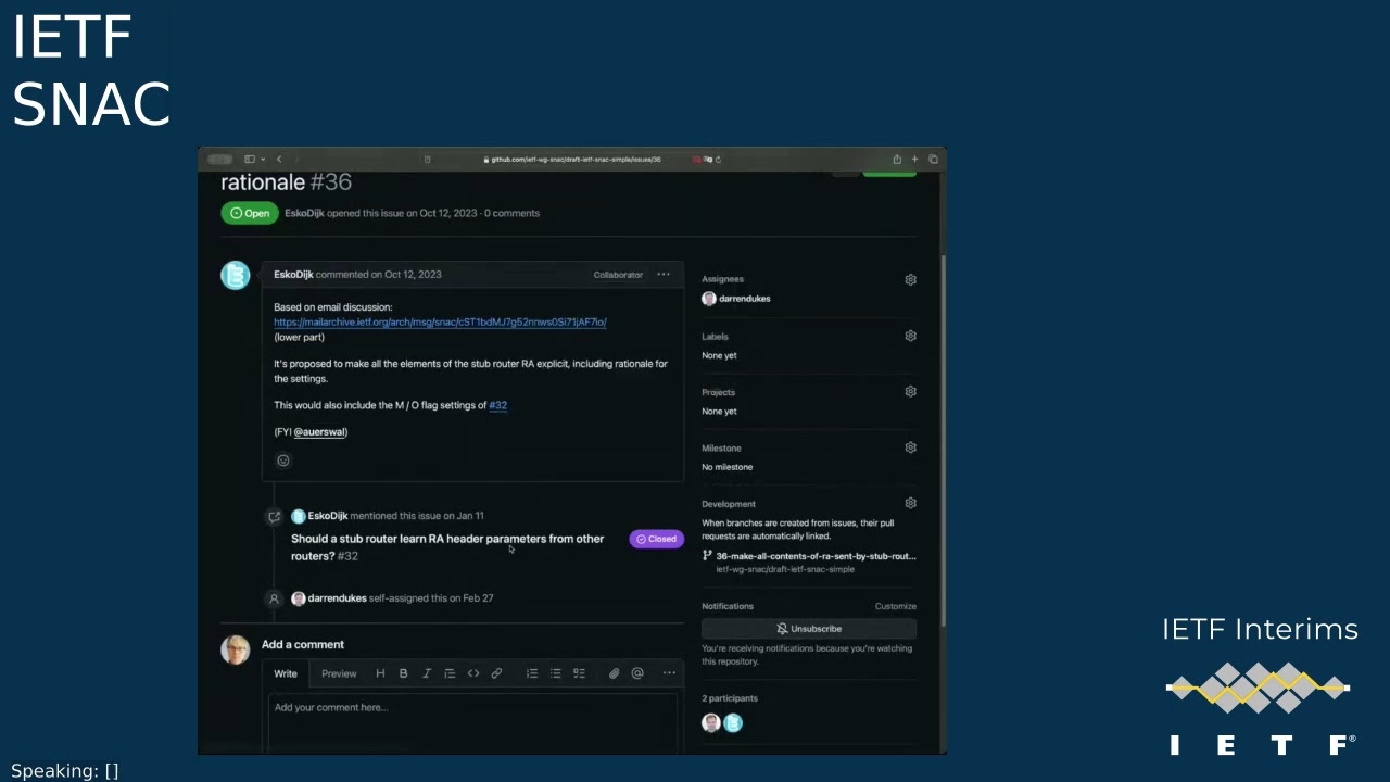 IETF interim: Stub Network Auto Configuration for IPv6 (SNAC) 2024-05-23 