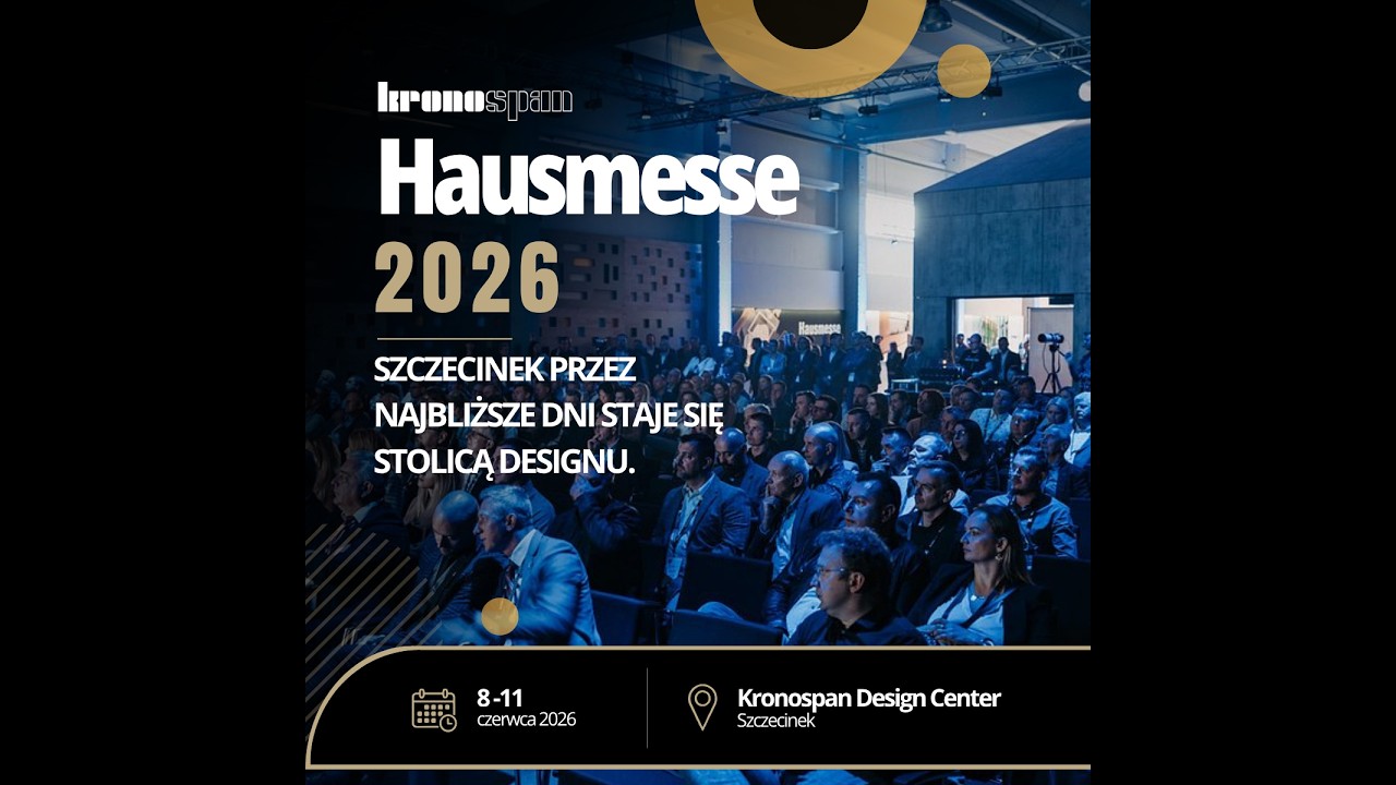 Kadr z filmu podsumowującego targi Hausmesse 2026 w Kronospan Design Center w Szczecinku