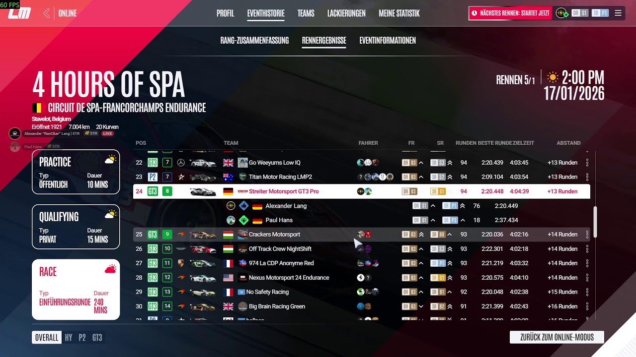 4h Spa Endurance - Streiter Motorsport - LMU GT3 Lexus