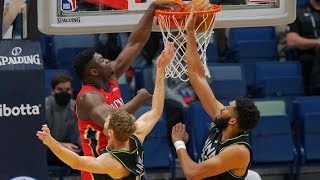 Zion Williamson takes flight and drops a hammer on Jake Layman and Karl-Anthony Towns