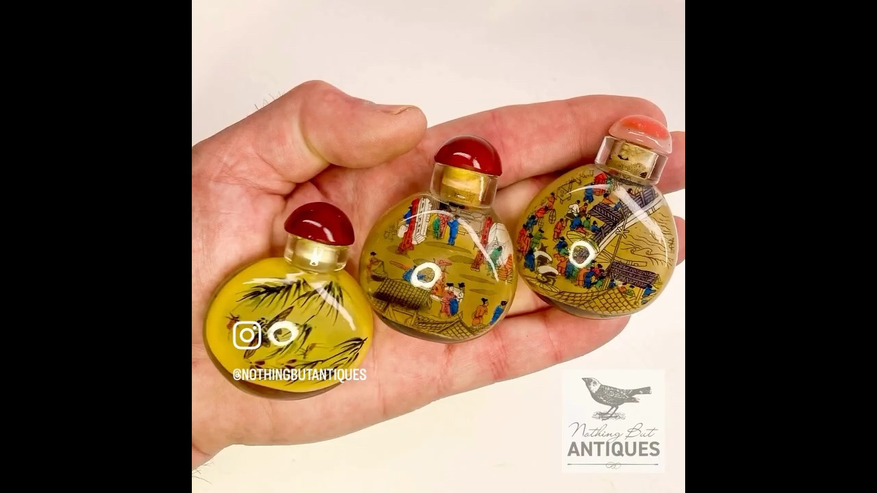 Vintage Chinese Snuff/Perfume Bottles, Glass Reverse Painted, Set