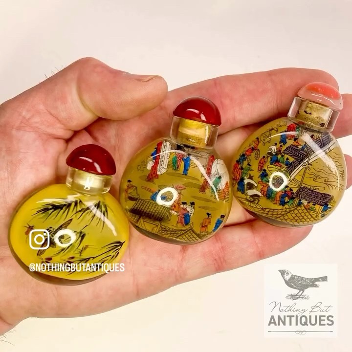 Vintage Chinese Snuff/Perfume Bottles, Glass Reverse Painted, Set