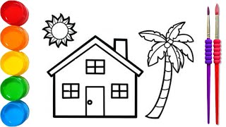 drawing and coloring houses, trees and sun for beginners and toddlers