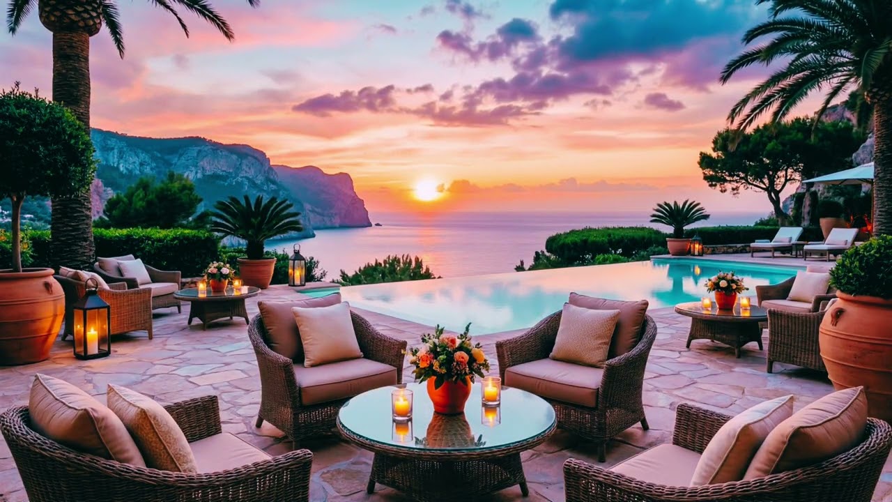 4K Luxury Ocean Terrace at Sunset 🌅 Relaxing Ambience with Chillout Music