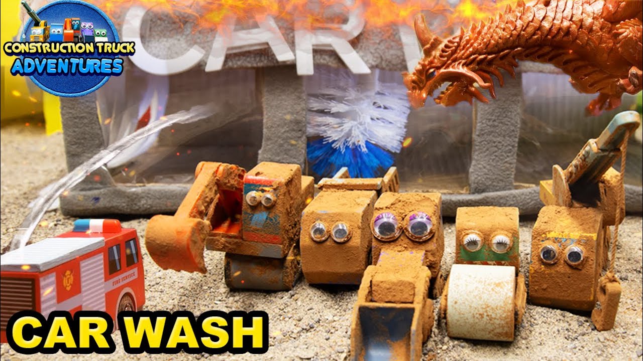 Construction Trucks Build a Car Wash & Surprise Dragon Emergency! Construction Truck Adventures!