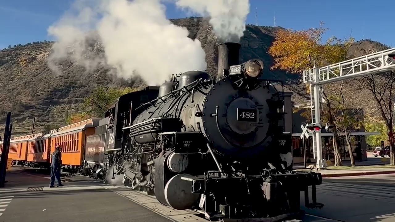 Durango & Silverton Narrow Gauge locomotive 482 departs with their train at Durango, Co.