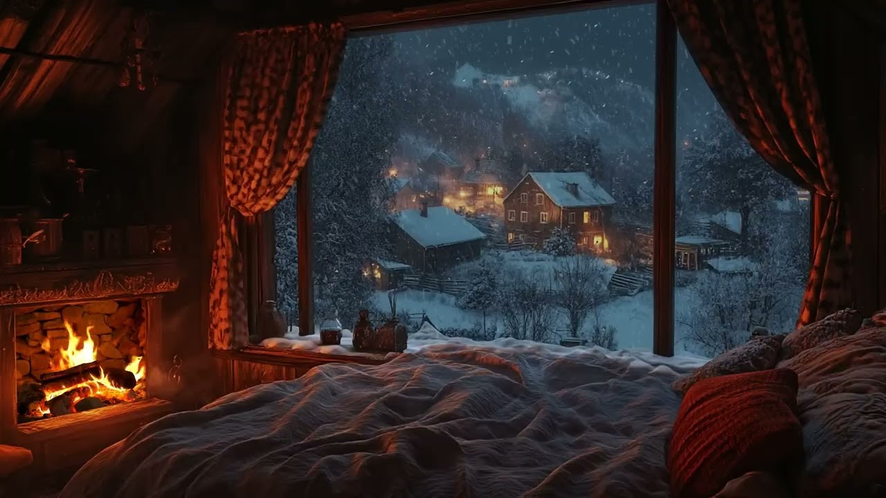Cozy Fireplace Bedroom Ambience ❄️🔥 Snowy Mountain Cabin View (3 Hours) | Crackling Fire (No Music)