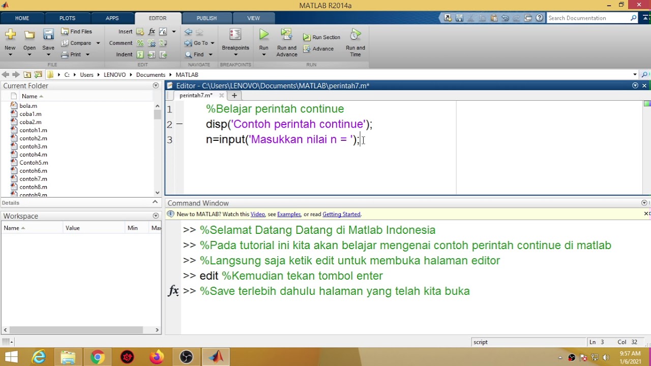 Contoh Perintah continue di Matlab Bagian I | Belajar Matlab - YouTube