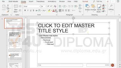 Navigate to the Slide Master and change the font of the Master Title to Arial and the color of...