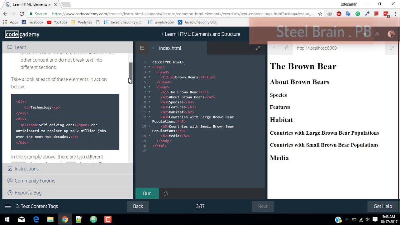 Codeademy | Learn Html | common elements | lesson no 1 to 3 half by ...