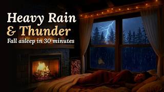 Fall Asleep in 30 Minutes| Heavy Rain, Crackling Fireplace and Distant Thunder Sounds| Cozy Ambiance