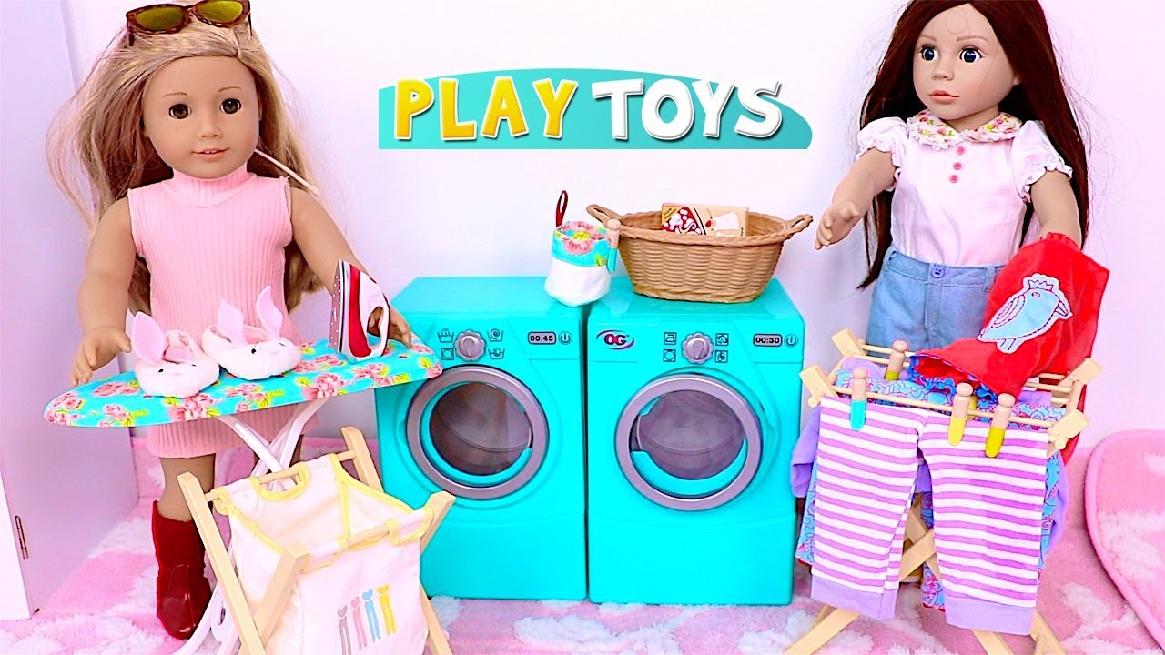 Baby Dolls doing the laundry with washing machine! Play Toys cleaning  routine! 