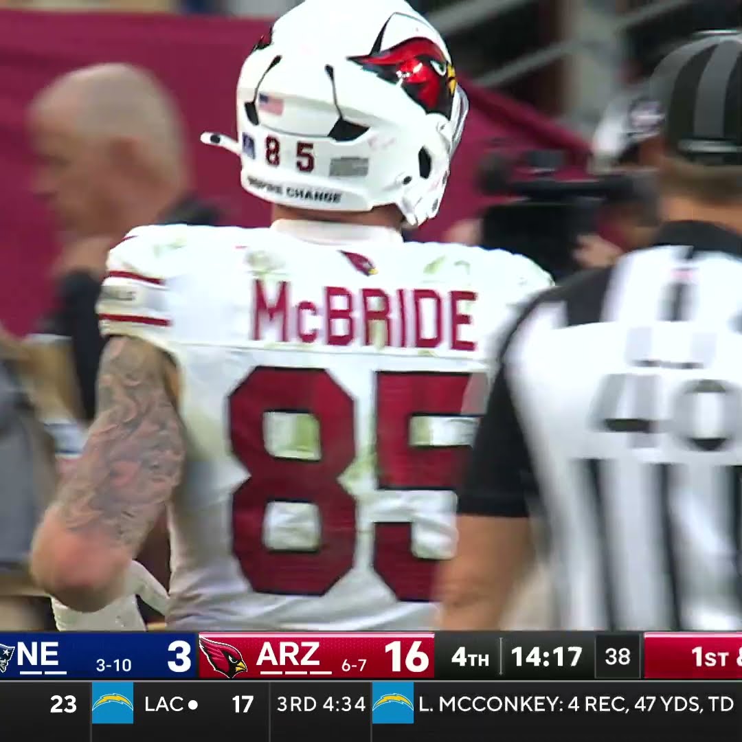 Trey McBride catches for a 29-yard Gain vs. New England Patriots