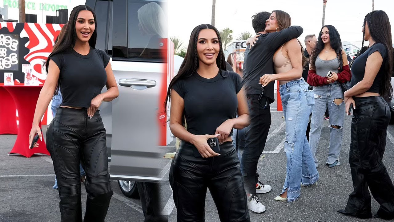 Kim Kardashian rocks a tiny black T-shirt as joined with Khloe and BJ