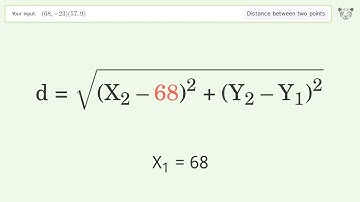 Find the distance between two points p1 (68,-23) and p2 (57,9): Step-by-Step Video Solution