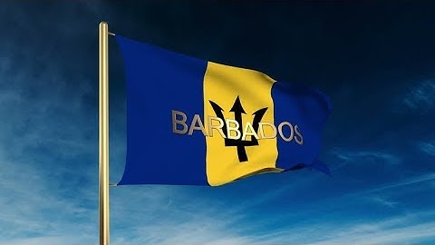 4K Barbados flag slider style with title. Waving in the wind with cloud background animation Stock