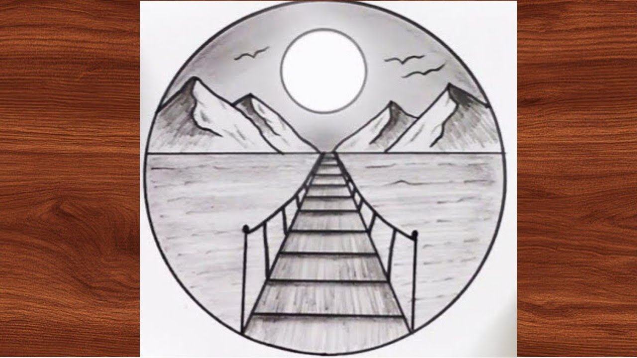 Mountain and river landscape drawing || easy pencil  drawing landscape || drawing in circle 