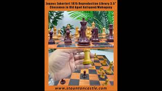 Jaques Zukertort 1875 Reproduction Library 3.5 Chessmen in Original Aged Antique/Mahogany Gilded
TO buy this chess set please visit: https://bit.ly/4csmo0V
Jaques Zukertort Library Chessmen – 1875 Reproduction
Experience a refined piece of chess history with our Jaques Zukertort Library Chessmen (1875 Reproduction), a faithful recreation of one of the most elegant and scholarly Staunton-era designs ever produced.
Originally manufactured by Jaques of London between 1875 and 1885, the Zukertort Library Chessmen were designed in a compact “Library Size”, ideal for study rooms, clubs, and refined personal play. This design reflects the classical proportions and understated elegance favored by serious players of the late 19th century.
Craftsmanship & Design
This reproduction has been carefully handcrafted to reflect the proportions, silhouettes, and character of the original Jaques sets:
Finely turned pieces with classic Staunton balance
Elegant Zukertort-style Knight, featuring a dignified, scholarly profile
Clean, compact forms ideal for display and play
Smooth finish highlighting the natural beauty of the wood
Each piece is produced with attention to historical accuracy while meeting modern expectations for playability and durability.
About Johannes Hermann Zukertort (1842–1888)
Johannes Zukertort was one of the most brilliant chess minds of the 19th century. A German-Polish Grandmaster, he was renowned not only for his chess strength but also for his remarkable intellect beyond the board.
Zukertort studied chess under Adolf Anderssen and rose to prominence as one of the world’s leading players during the late 1870s and early 1880s. His greatest triumph came at the 1883 London Tournament, where he won 22 of his first 23 games, a feat that secured his reputation as a world-class competitor.
In 1886, Zukertort challenged Wilhelm Steinitz for the World Chess Championship. Despite an early lead, his chronic health issues affected his stamina, and he ultimately lost the match. His declining health continued thereafter, and he passed away in London in 1888, collapsing after a game at Simpson’s Divan. He now rests at Brompton Cemetery, London.
Beyond chess, Zukertort was a soldier, linguist, journalist, musician, and political activist — a true intellectual of his era.
Our Reproduction
We have proudly reproduced this historical chess set with deep respect for its origins. This set is created for:
Chess collectors seeking authentic 19th-century designs
Enthusiasts who value history, elegance, and craftsmanship
Players looking for a refined, compact Staunton set
This is not just a chess set, it is a tribute to classical chess culture and one of the great minds who shaped the game. Jaques Zukertort 1875 Reproduction Library 3.5 Chessmen in Original Aged Antique/Mahogany Gilded