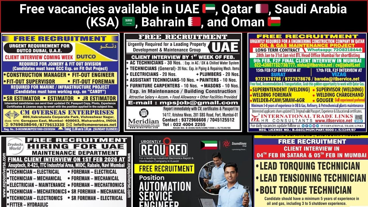 Free vacancies available in UAE 🇦🇪, Qatar 🇶🇦, Saudi Arabia (KSA) 🇸🇦, Bahrain 🇧🇭, and Oman 🇴🇲, Helper