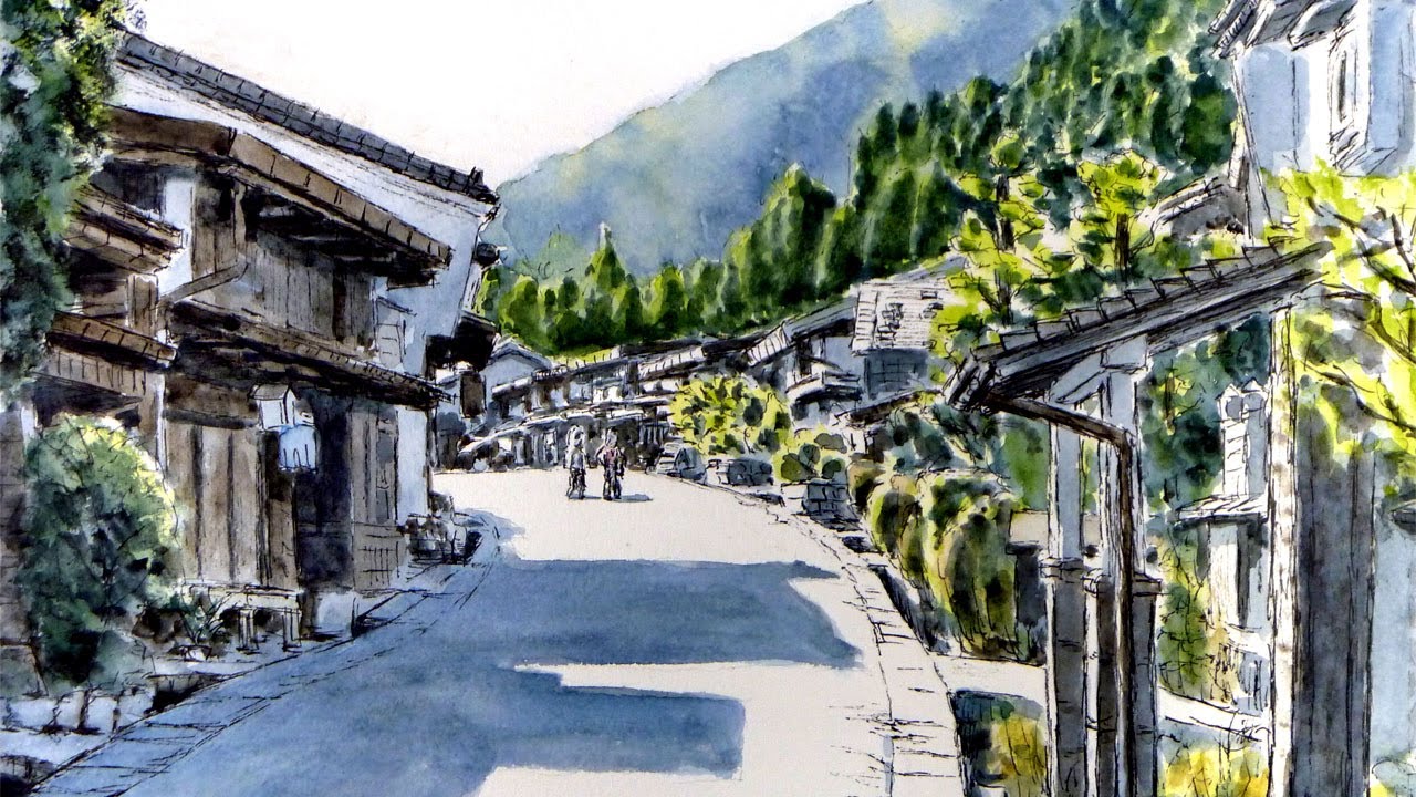 坂やカーブはのんびり気長に描こう　／　中山道・妻籠宿 【透明水彩風景画】 Curved slope　【Watercolor】