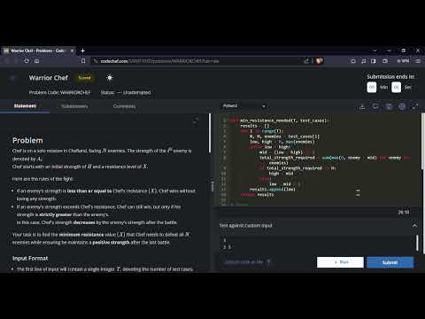 Warrior Chef  Problem Solution | Code Chef Problem C++ Solution # #warriorchefsolution #