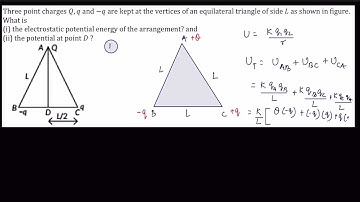 Three point charges Q, q and −q are kept at the vertices of an equilateral triangle of side L as..