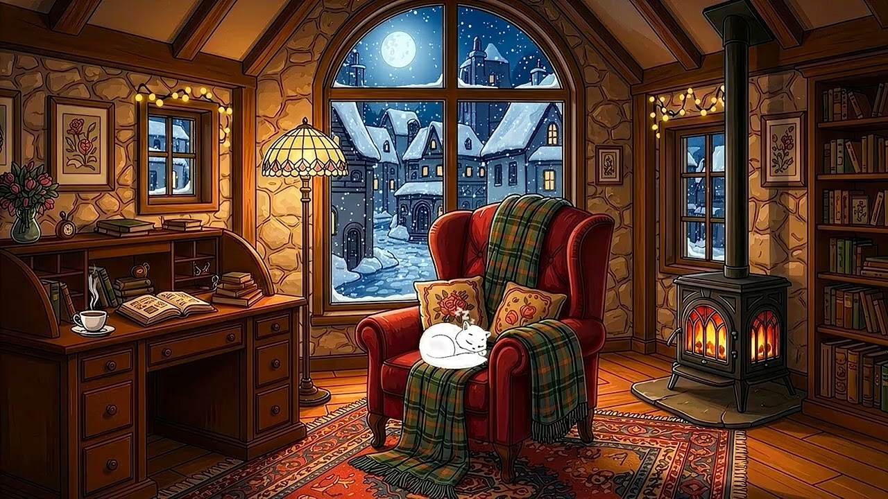 1940s oldies playing in another room on a snowy night | Cozy reading room | Relax, sleep, study ❄️