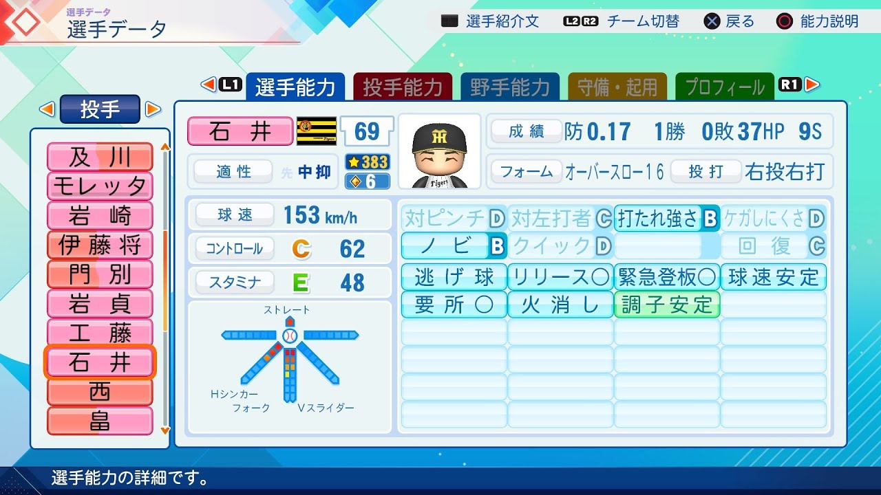 パワプロ2026選手名鑑/NPB26Stats】阪神 69 石井大智選手 Tigers