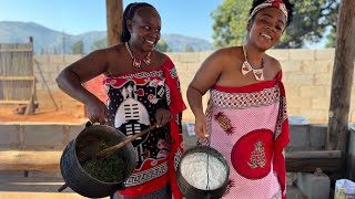 Cooking South Africa's Delicious dish | MAIZE RICE with PUMPKIN LEAVES|African Village Life|ESWATINI