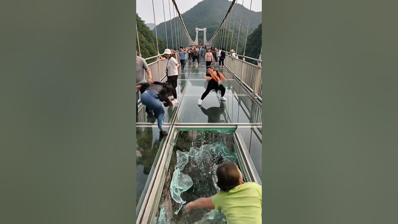 Glass bridge cracks and collapses. Glass bridge cracks and collapses.