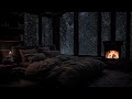 The ambiance felt from the window of the cabin on a cold snowy winter day  warm relaxing fireplace